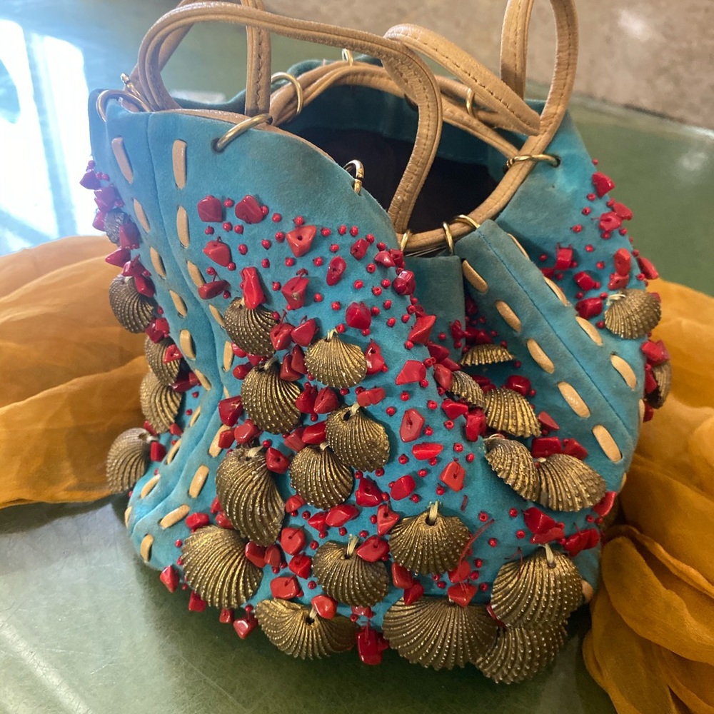 OSCAR DE LA RENTA SUEDE VELVETY LEATHER VNTG JEWELED DRAWSTRING Bag RARE FLAWED - Picture 9 of 13